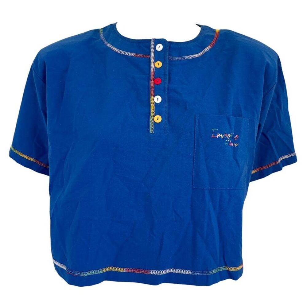 NWT VTG 1990 GITANO Short Sleeve Boxy Cropped Henley Shirt in Blue  SZ L